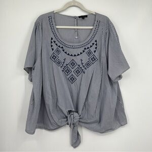 Lane Bryant Embroidered Tie-Front Pinstriped Back Button Boxy Blue White Shirt